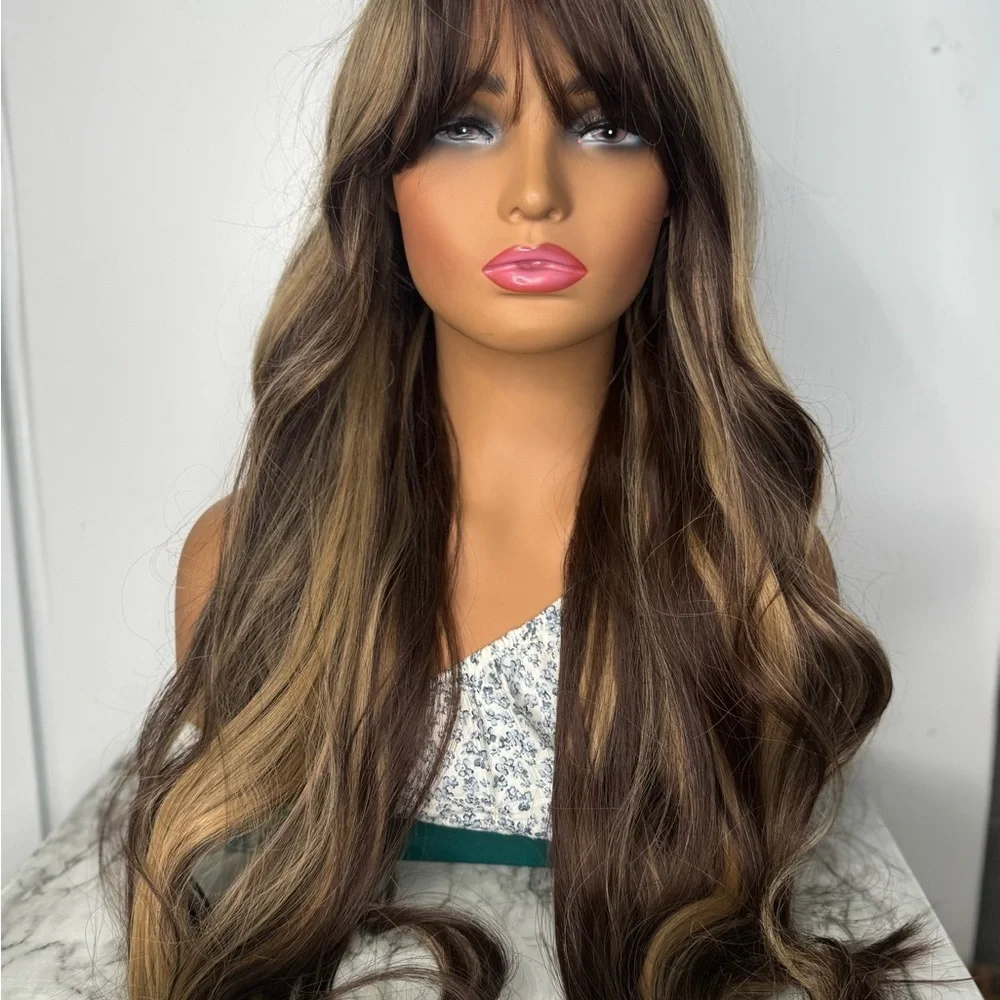 Long Layered Brunette Wig with Honey Blonde Highlights | Soft Waves